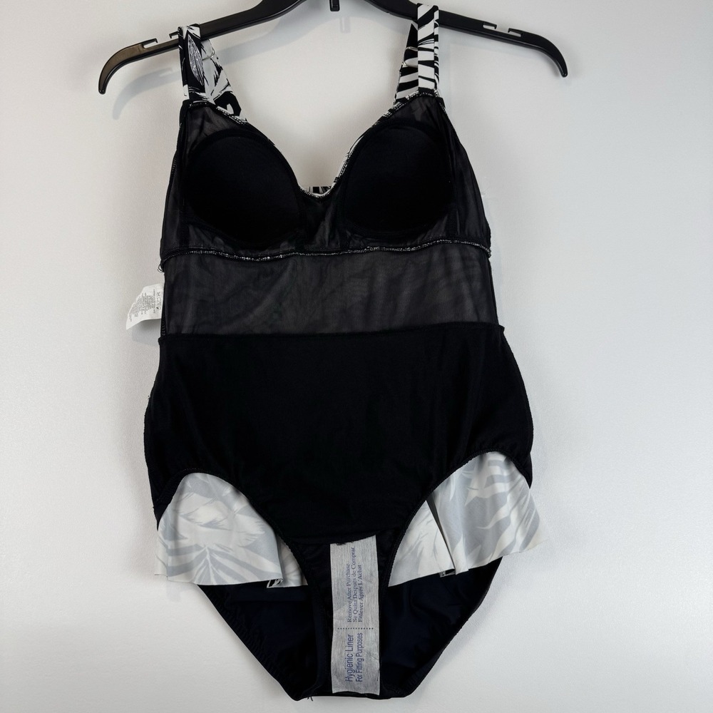 Swim Solutions Triple Tier Fauxkini Swimsuit Black White Palm Leaf Size 10 NEW - Picture 10 of 13